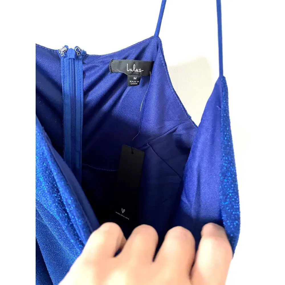 Lulus Cobalt Blue Sparkly Formal Asymmetrical Bodycon Mini Dress Size Medium NEW